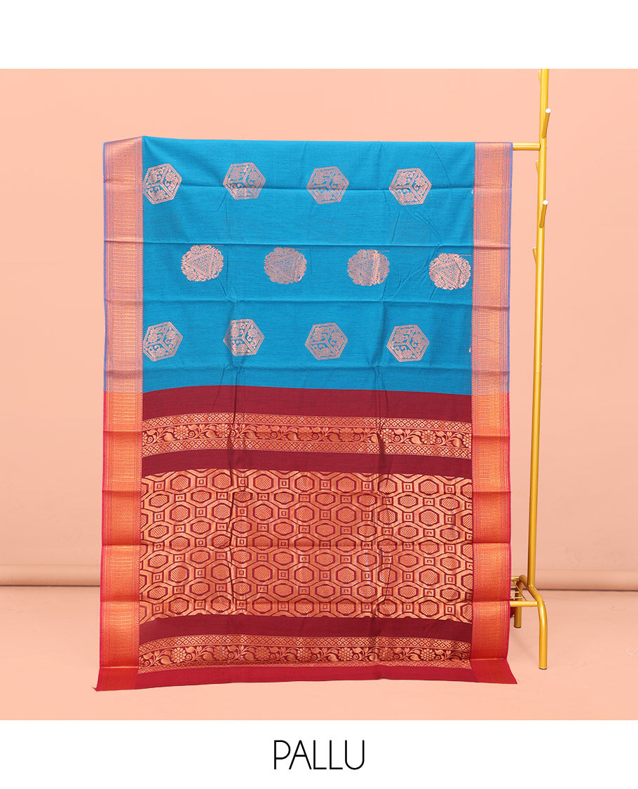 Blue Semi-Silk Cotton Saree, Decorated with Zari Buttas All Over Its Body, Highlighted by a Traditional Zari Border, Complemented by a Contrast Pallu of Geometric Designs, and Paired with a Contrast Blouse