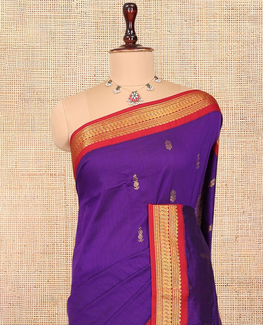 Violet Kalyani Cotton Saree, Subtly Woven with Zari Buttas, Complemented by a Contrast Traditional Border, Traditional Pallu, and a Contrast Blouse