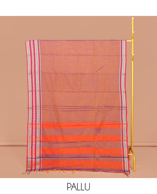 Orange Embossed Narayanpet Cotton Saree, Complemented by a Contrast Traditional Zari Design Border, Striped Pallu, and Comes Without a Blouse