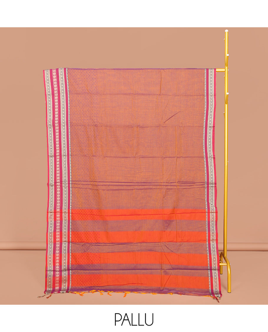Orange Embossed Narayanpet Cotton Saree, Complemented by a Contrast Traditional Zari Design Border, Striped Pallu, and Comes Without a Blouse