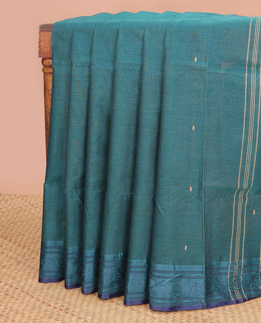 Blue floral motifs bengal cotton saree with contrast floral zari design border & striped, floral design pallu