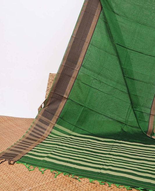 Green narayanapet cotton saree with contrast temple border & striped pallu