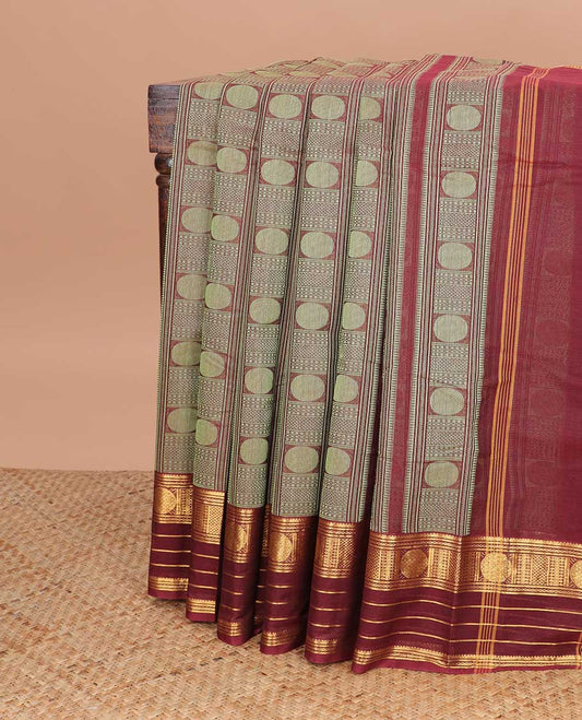 Maroon geometric design kanchi cotton saree with contrast zari design border & striped pallu