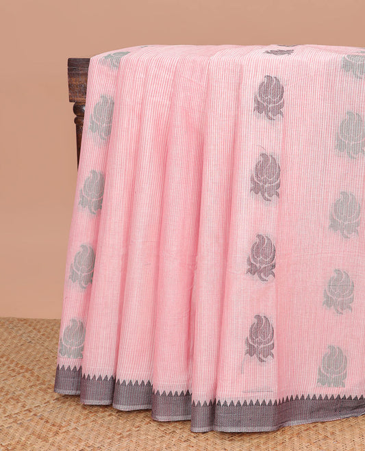 Baby pink floral design kanchi cotton saree with contrast temple border & floral design pallu