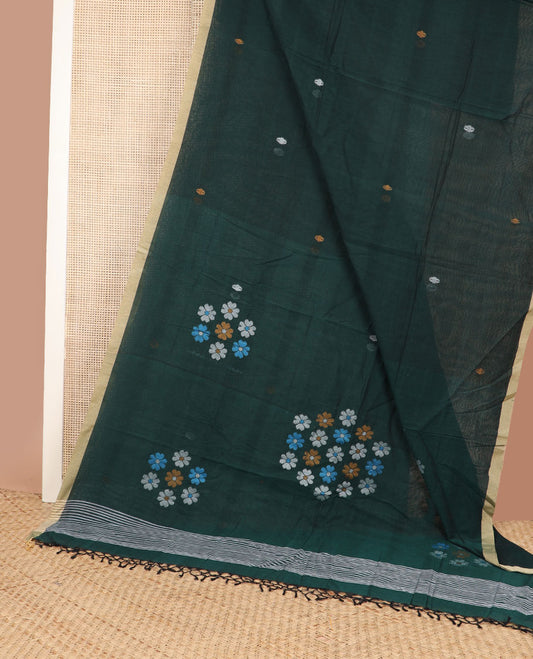Deep jungle green Meena thread buttas Kadhi cotton saree, contrast piping border & pallu of 4-petal floral motifs & stripes