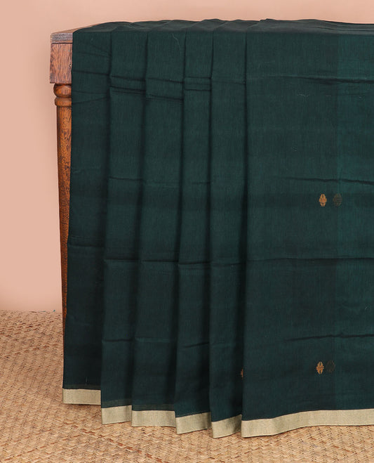 Deep jungle green Meena thread buttas Kadhi cotton saree, contrast piping border & pallu of 4-petal floral motifs & stripes