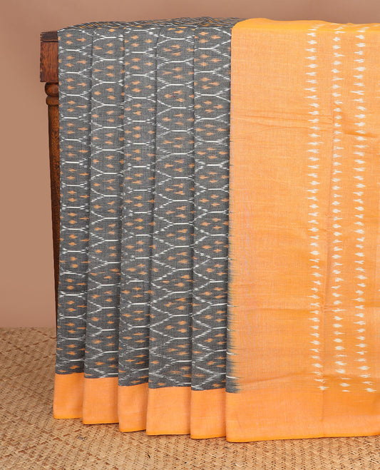 Grey ogee-patterned ikkat cotton saree, contrast plain border & pallu of ikkat design