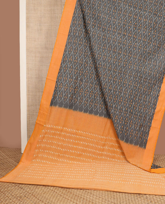 Grey ogee-patterned ikkat cotton saree, contrast plain border & pallu of ikkat design