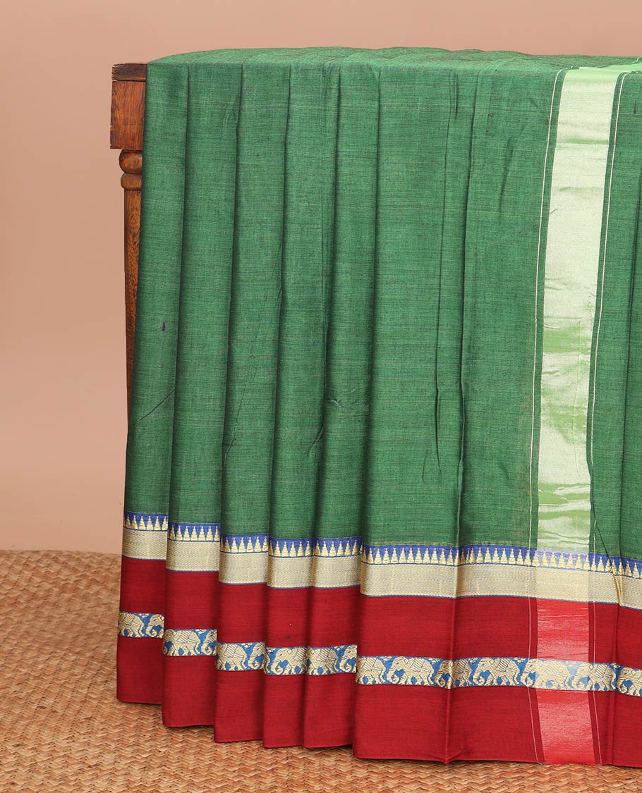 Green narayanapet cotton saree with contrast temple elephant design border & bhavanji pallu