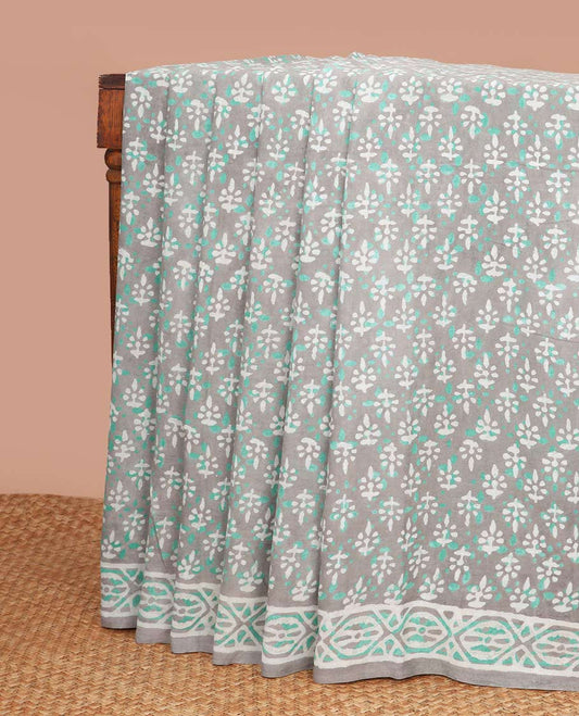 Grey with green floral block design mul mul cotton saree with contrast intricate design & floral motifs, geometric design pallu