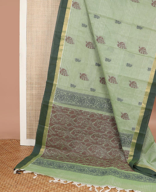 Green striped, motifs kanchi cotton saree with contrast zari border & floral design pallu