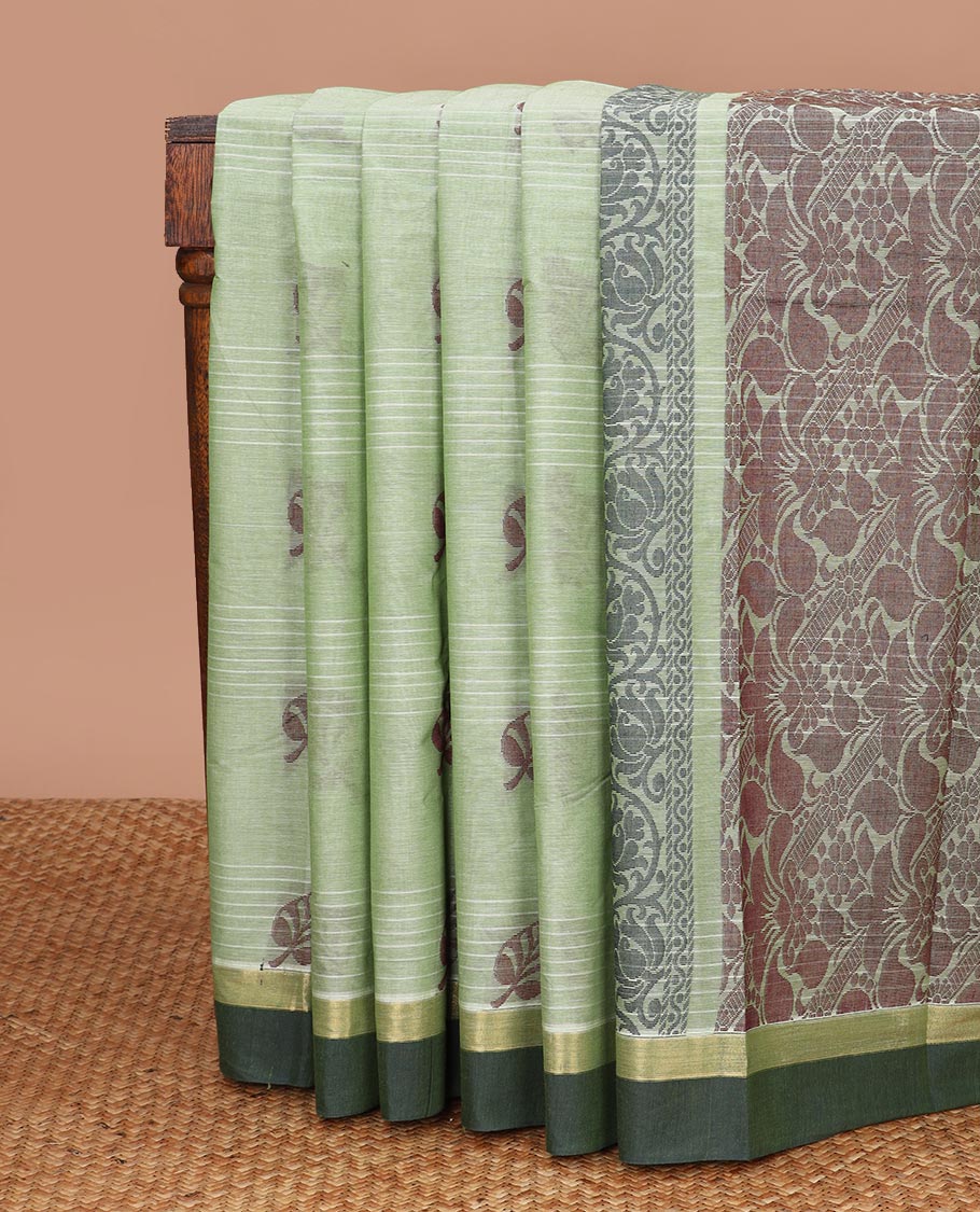 Green striped, motifs kanchi cotton saree with contrast zari border & floral design pallu