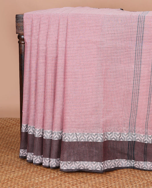 light pink checked bengal cotton saree with contrast geometric design border & checked pallu