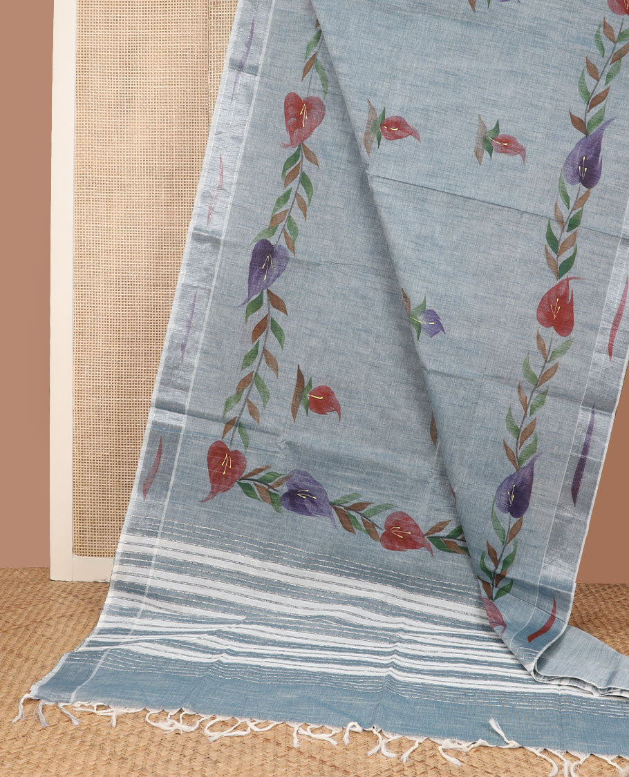 Grey hand-brushing-style floral printed jute cotton saree, zari & printed border & striped pallu