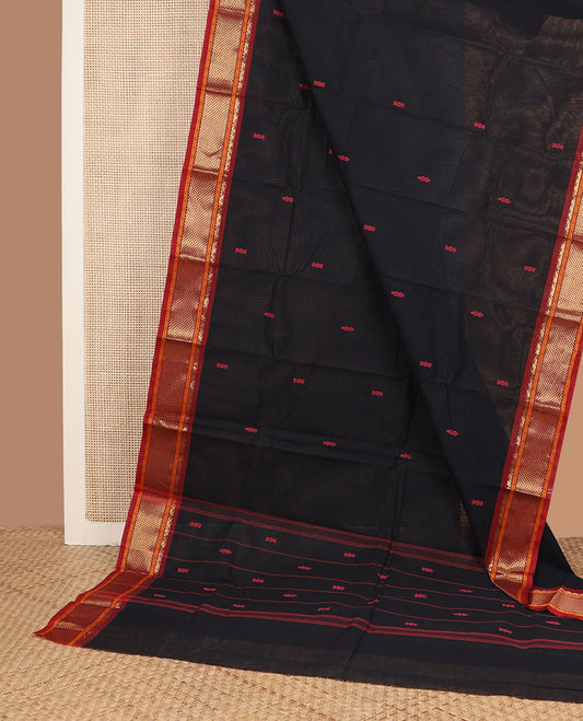 Black buttas Chettinad cotton saree, contrast traditional zari border & pallu of stripes & buttas