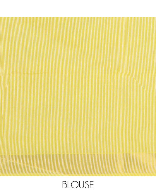 Yellow striped jute cotton saree, zari border, and striped pallu
