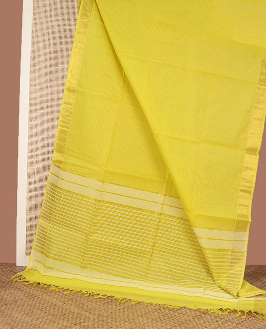Yellow striped jute cotton saree, zari border, and striped pallu