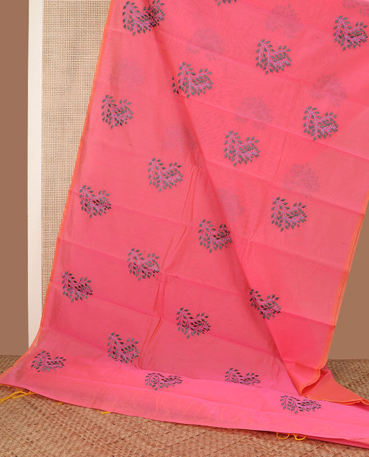 Borderless Fuchsia pink floral-leaf buttas steeped semi-silk cotton saree