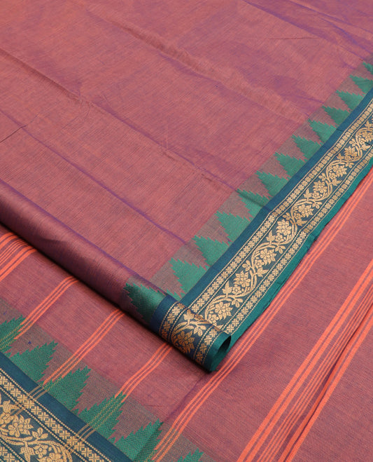 Brown dual-toned plain nine-yard cotton saree, contrast traditional temple border, and striped pallu