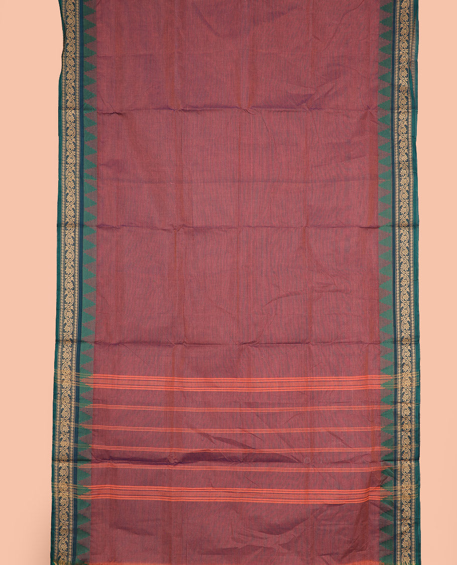 Brown dual-toned plain nine-yard cotton saree, contrast traditional temple border, and striped pallu