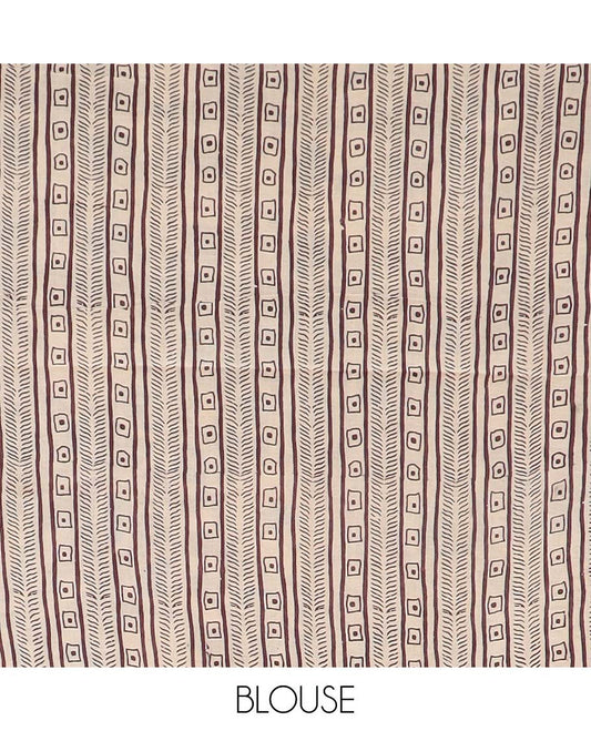 Cream floral, and sparrow machine printed kalamkari cotton saree, contrast floral-peacock border, and pallu of peacocks print