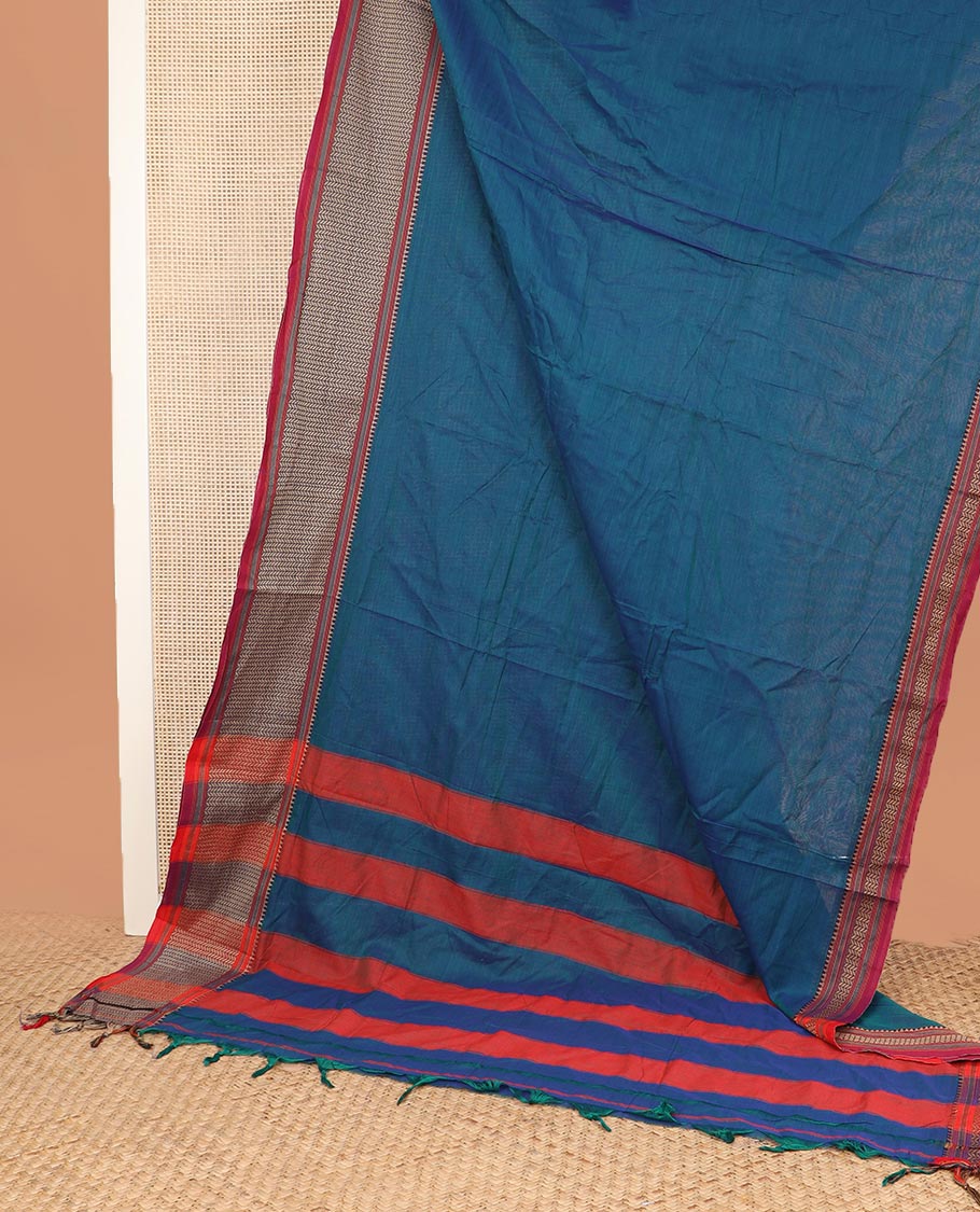 Blue plain Narayanapet cotton saree, contrast geometric border, and striped pallu