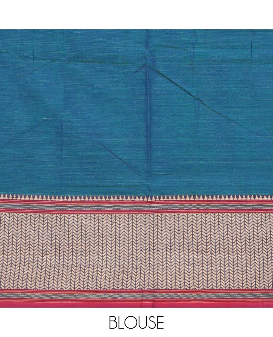 Blue plain Narayanapet cotton saree, contrast geometric border, and striped pallu