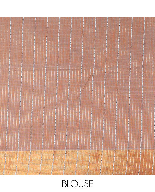 Brown sparesly striped jute cotton saree, bavanji zari border, and striped pallu
