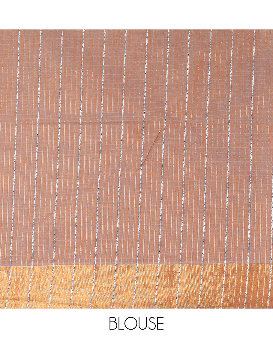 Brown sparesly striped jute cotton saree, bavanji zari border, and striped pallu