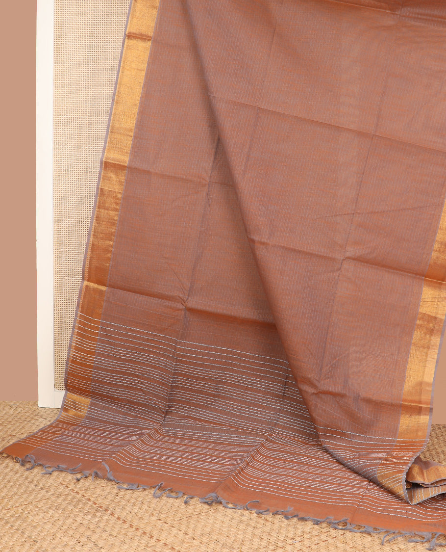 Brown sparesly striped jute cotton saree, bavanji zari border, and striped pallu