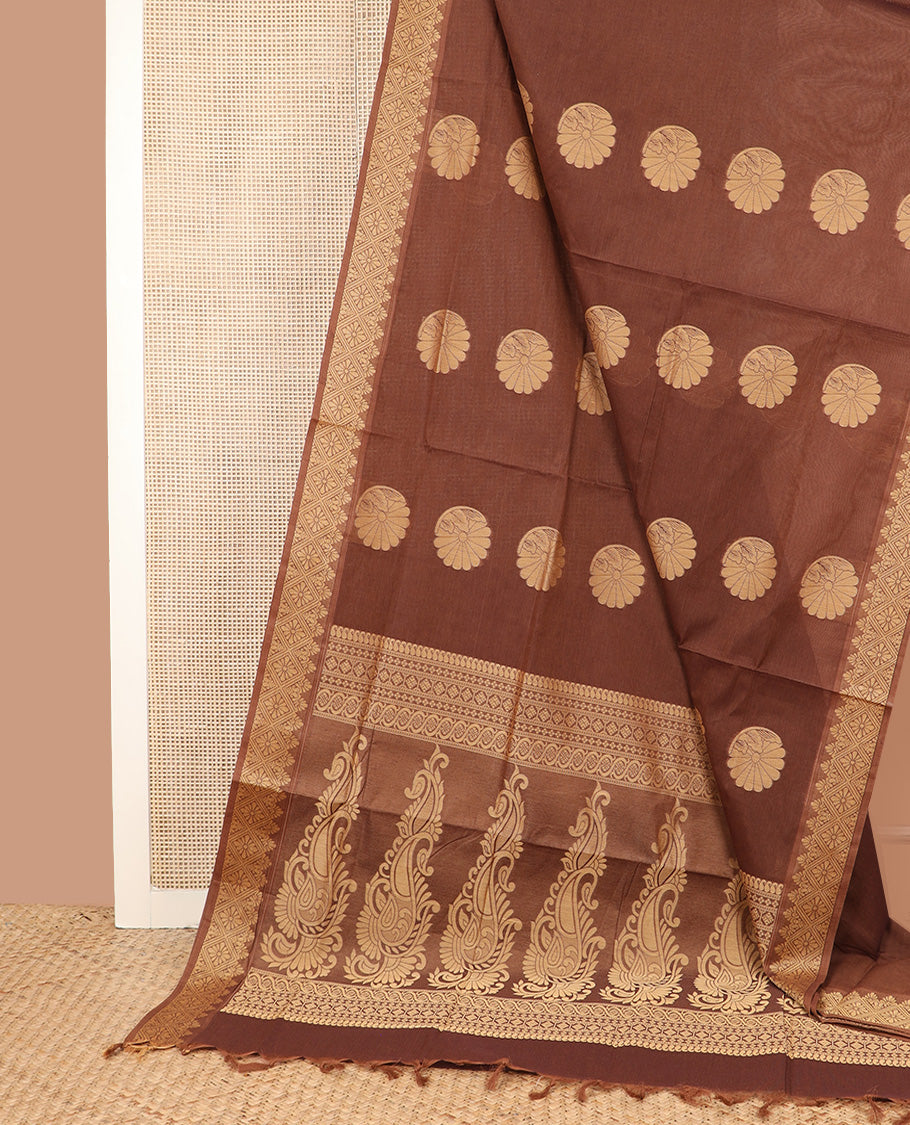 Brown floral buttas Coimbatore Cotton saree, traditional border, and pallu of paisley, and geometric designs