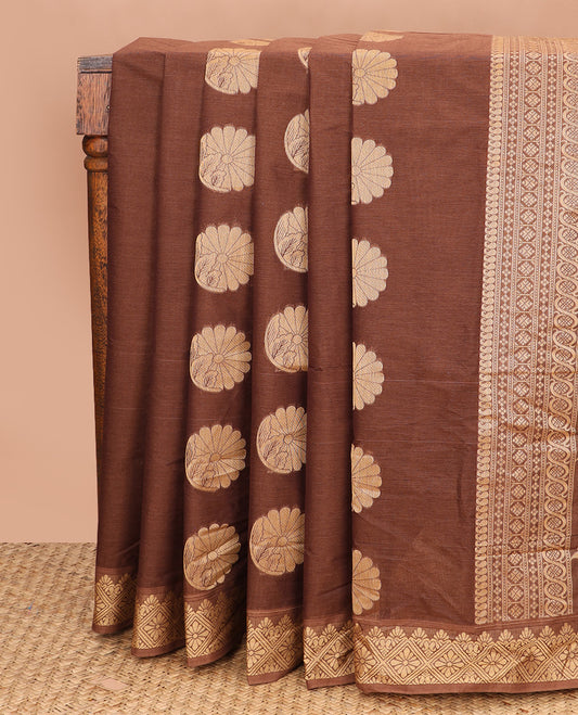 Brown floral buttas Coimbatore Cotton saree, traditional border, and pallu of paisley, and geometric designs