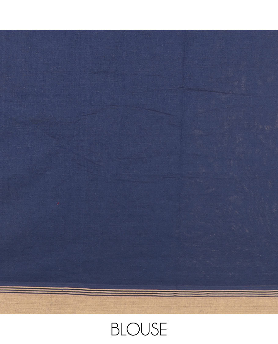 Navy blue tree buttas kanchi cotton saree, contrast plain border, and floral potted pallu