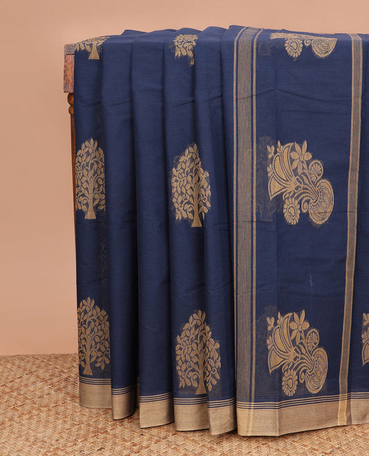 Navy blue tree buttas kanchi cotton saree, contrast plain border, and floral potted pallu