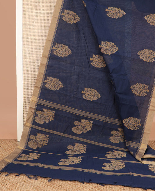 Navy blue tree buttas kanchi cotton saree, contrast plain border, and floral potted pallu