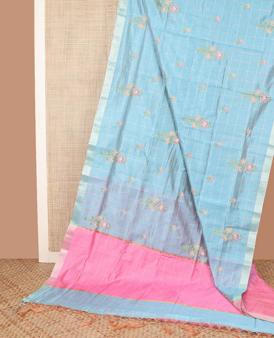 Blue checked with floral embroidered chirala cotton saree, plain border, and contrast striped pallu