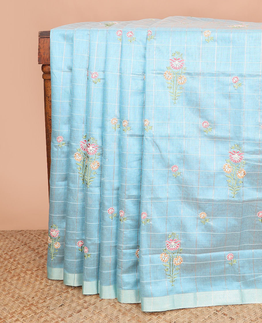 Blue checked with floral embroidered chirala cotton saree, plain border, and contrast striped pallu