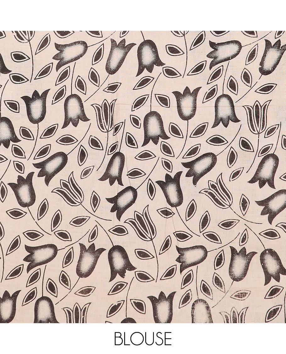 Green floral vine machine-printed kalamkari cotton saree, floral creeper printed border, and pallu of animal motifs print