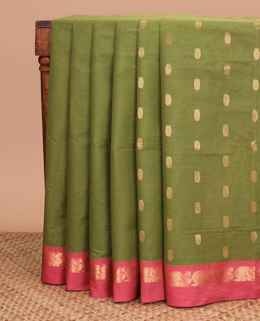 Green zari buttas Venkatagiri cotton saree, contrast peacock zari border, and pallu of floral designs