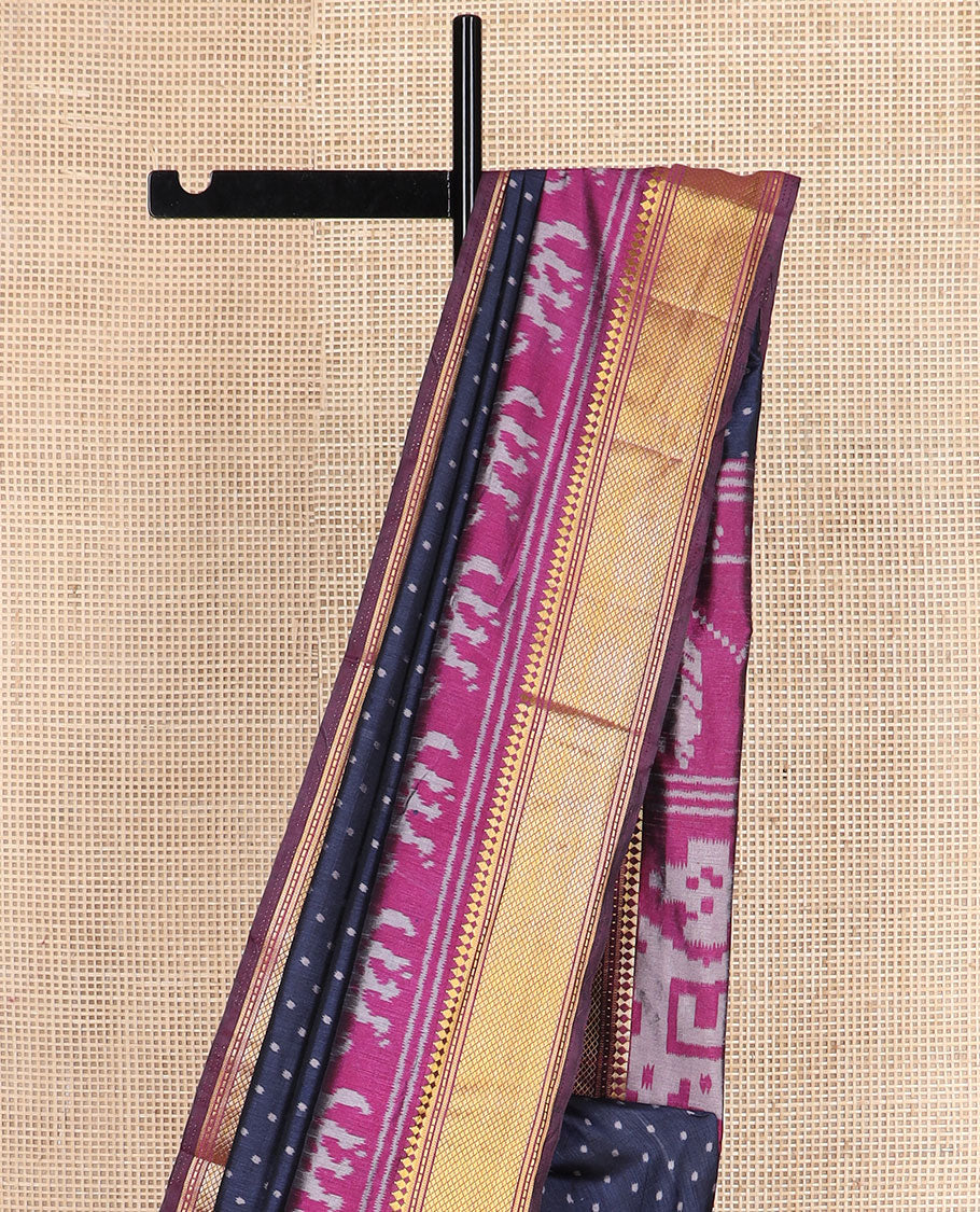 Navy blue buttas semi-banaras patola silk saree, contrast elephant motifs border of traditional zari designs, and pallu of elephant motifs