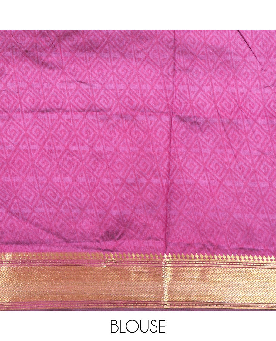 Navy blue buttas semi-banaras patola silk saree, contrast elephant motifs border of traditional zari designs, and pallu of elephant motifs