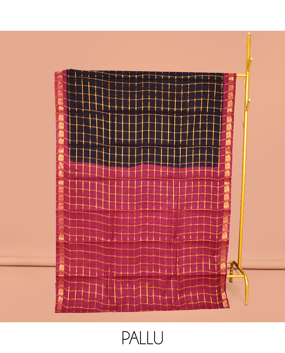 Black Sungudi Cotton Saree, Adorned with Zari Checks on Its Body, Complemented by a Contrast Peacock Motifs Woven Zari Border, Zari-Checked Pallu, and Paired with a Contrast Blouse
