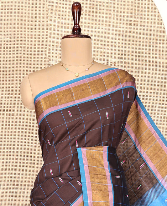 Brown Poly Cotton Saree, Decked Up with Butta Enclosed Checks, Complemented by Contrast Border, Pallu of Buttas and Stripes, and Paired with a Contrast Blouse