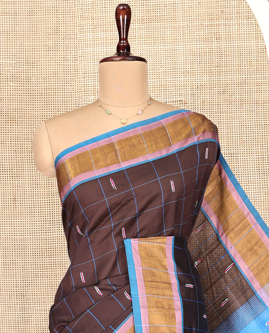 Brown Poly Cotton Saree, Decked Up with Butta Enclosed Checks, Complemented by Contrast Border, Pallu of Buttas and Stripes, and Paired with a Contrast Blouse