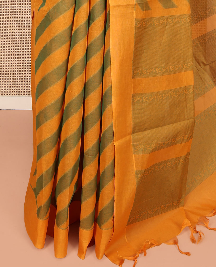 Green-Yellow Coimbatore Cotton Saree, Embellished with Leheriya-style Stripes on Its Body, a Subtle Plain Border, Sparsely Woven Pallu, and Paired with Matching Blouse