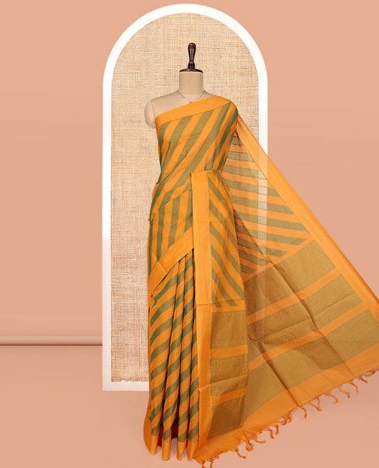 Green-Yellow Coimbatore Cotton Saree, Embellished with Leheriya-style Stripes on Its Body, a Subtle Plain Border, Sparsely Woven Pallu, and Paired with Matching Blouse