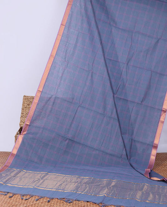 Blue checked design khadi cotton saree, contrast zari border & traditional zari design pallu