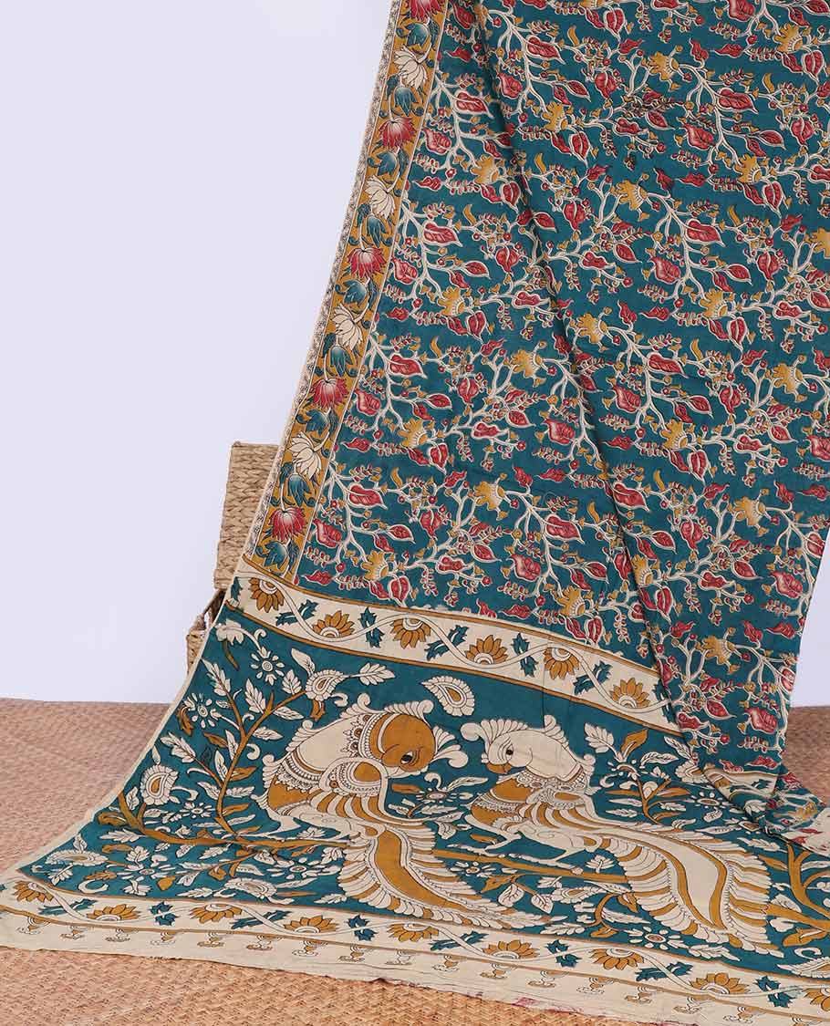 blue floral vine machine printed kalamkari cotton saree with contrast lotus border & parrot insured design pallu