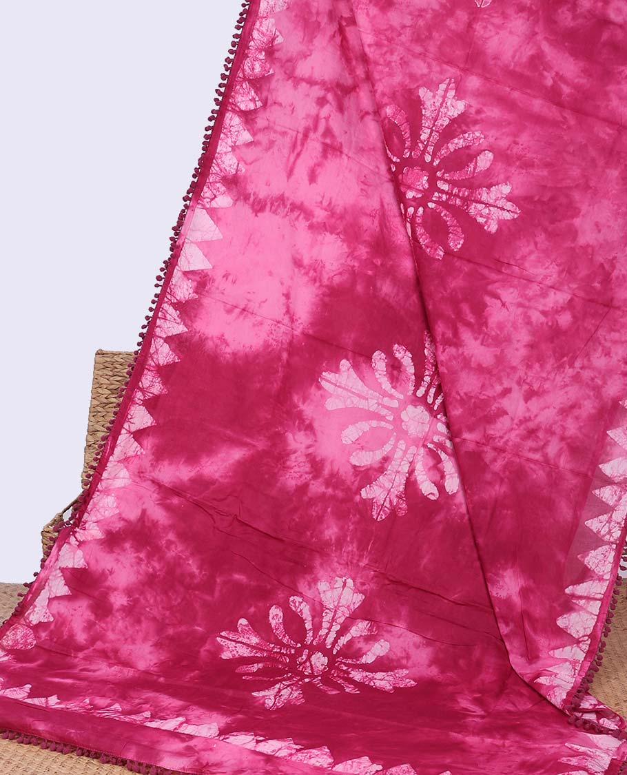 Pink all over floral batik print mul mul cotton saree with triangle motifs border