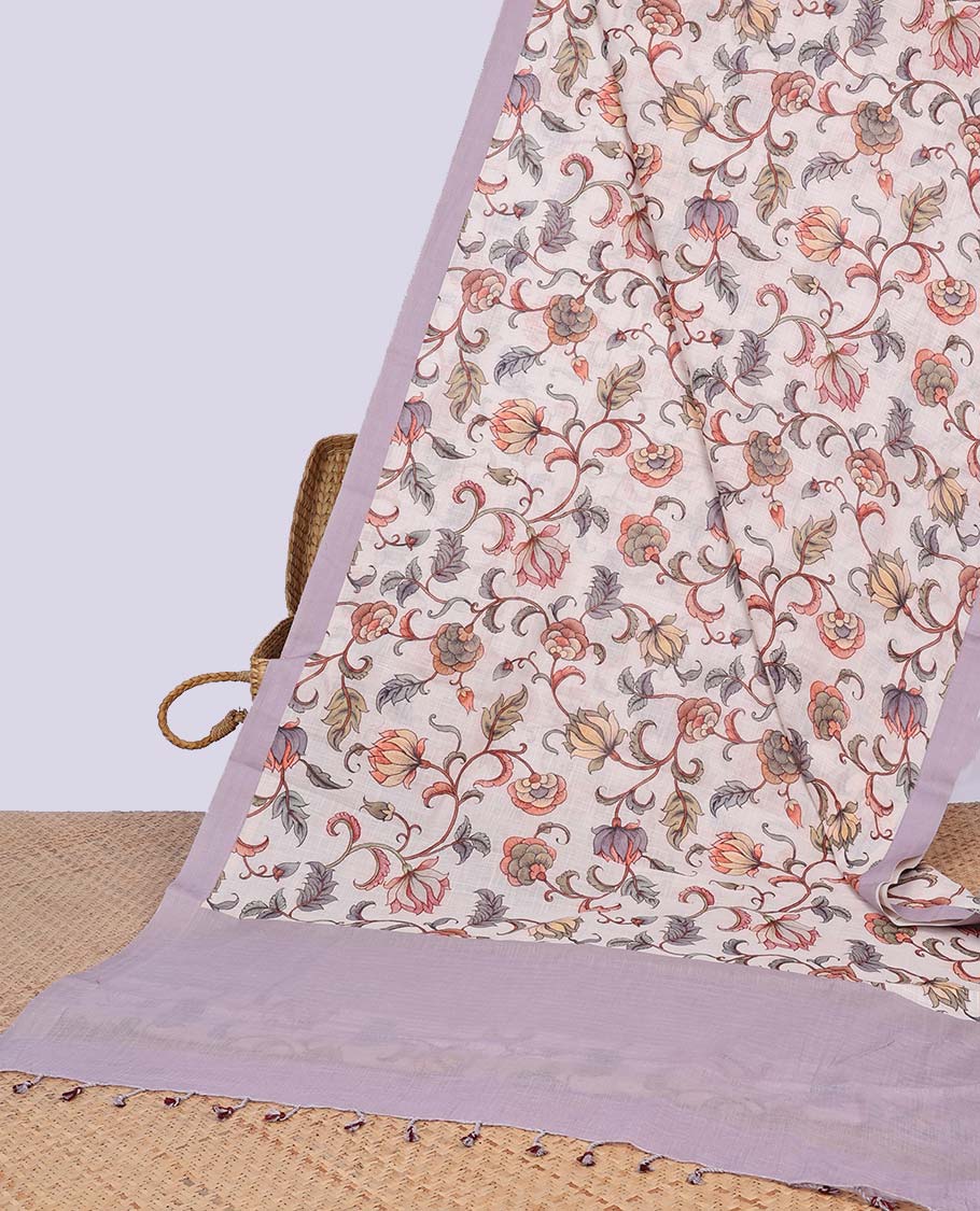 White floral vine design chirala cotton saree with contrast border & floral design pallu